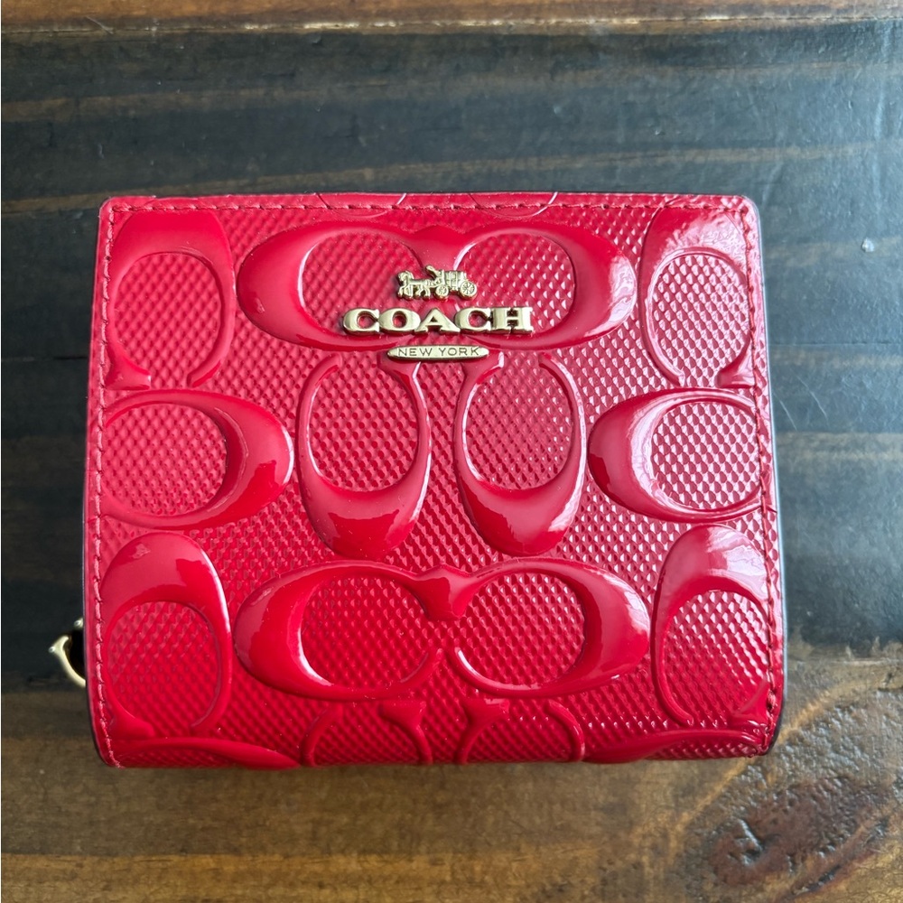 Coach Glossy Red Signature Embossed Snap Wallet